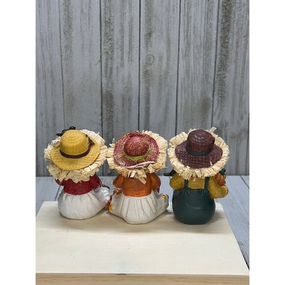 Vintage Set of 3 Scarecrow 6 inches Tall with Pumpkin Sunflower and Basket Hats - Picture 2 of 5